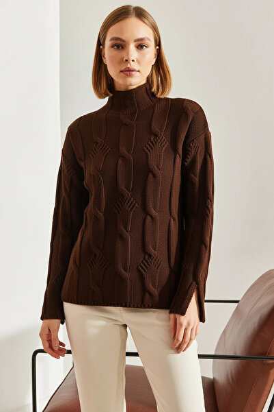 Efnaz style Women's Half Turtleneck Hair Knit Patterned Knitwear Brown Sweater
