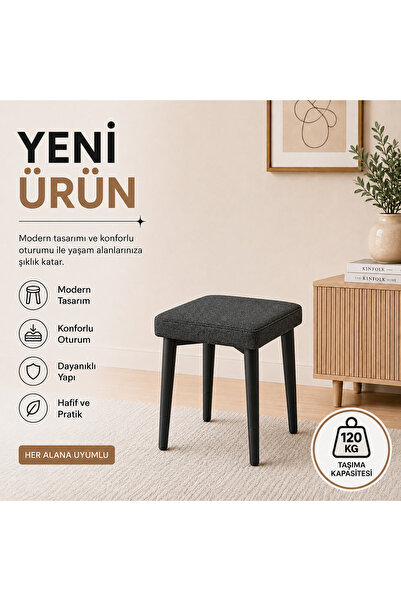 KARE TEKLİ PUF TAKIMI TABURE BENCH MAKYAJ SANDALYESİ SİYAH AYAK