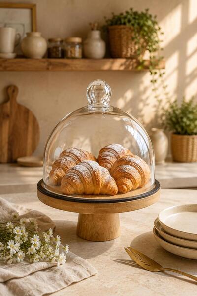 İLİVA Glass Lid and Footed Bamboo Cake Stand Serving Presentation Plate, Cake...