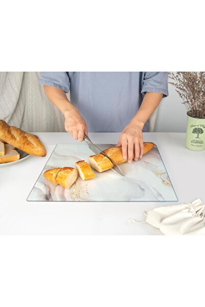 Kitchen Kitchenville Glass Cutting Board 16"x12": Tempered Glass Counter Protector - Durable- Scratch-Resistant, Heat-Proof - Design 7 - White & Gold