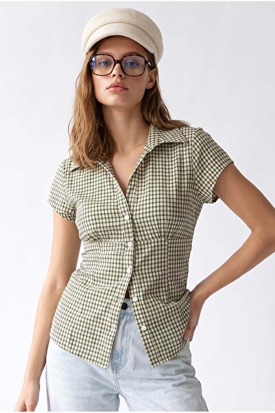 Mixray 2221 Women's Gingham Patterned Tie-Up Short Sleeve Shirt Blouse Green