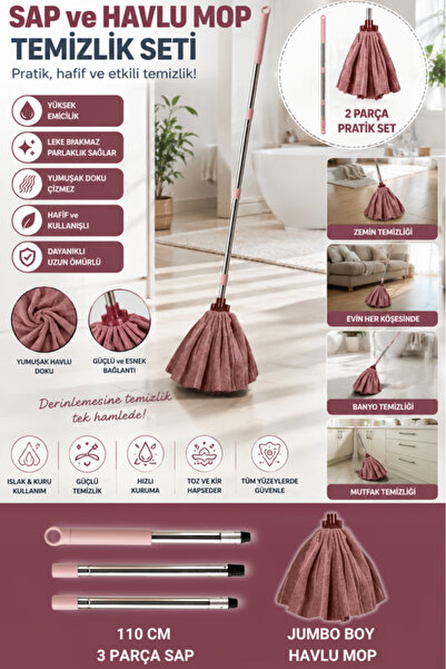 12den Mega Mop Sap Takımı Pembe, Mega Mikrofiber Havlu Mop + 3 Parçalı Paslan...