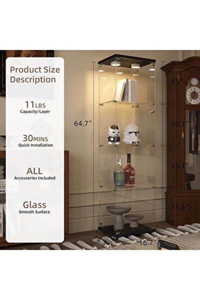 Beauty Beauty4U Black Glass Display Cabinet with LED Light, 4-Shelf Curio Cabinet | Single-Door Showcase with LED Light for Collectibles, Figures, Books, and Decor Display; Includes Anti-tip Hardware