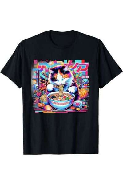 k222 تي شيرت مطبوع عليه فن Vaporwave الياباني Glitch Art Cat Eating Ramen، خف...