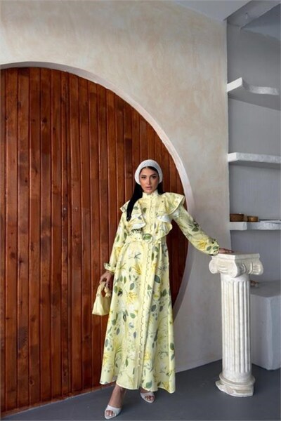 Dipmoda Women's Yellow Ruffle Detailed Floral Patterned Atlas Fabric Buttoned...