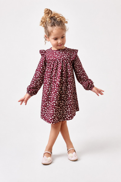 NOBLEKIDS Girl's Floral Patterned Flounce Dress Burgundy