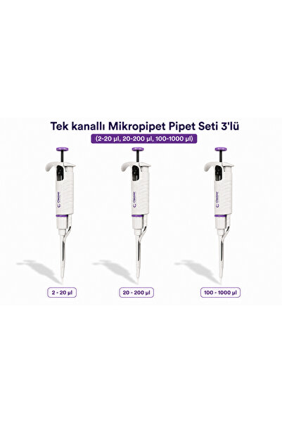Tek kanallı Mikropipet Pipet Seti 3'lü (2-20 µl, 20-200 µl, 100-1000 µl)