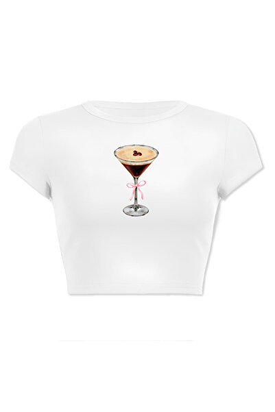 designedfy Kadın Espresso Martini Y2K Baskılı Crop Beyaz