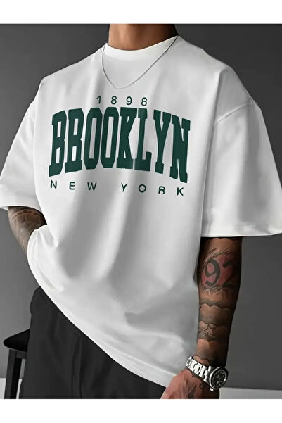 ZAVIXO Brooklyn New York Lettering Printed Oversize Unisex T-Shirt Green Coll...