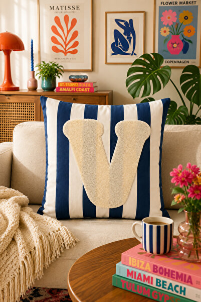 Pilloveland Punch Embroidered Throw Pillow Cover - 43*43 cm - Navy Blue Lette...