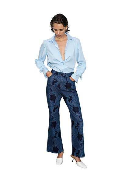 French Connection Women Jennie Denim Lace Print Flared Jeans
