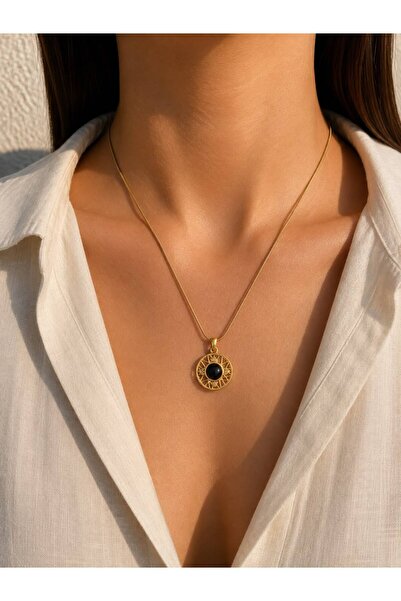 stainless steell Black Stone Detailed Steel Necklace