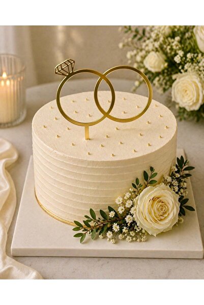 EgeConcept Yüzük Pleksi Pasta Süsü GOLD Çubuklu - 12x8 cm + 4 cm Çubuk