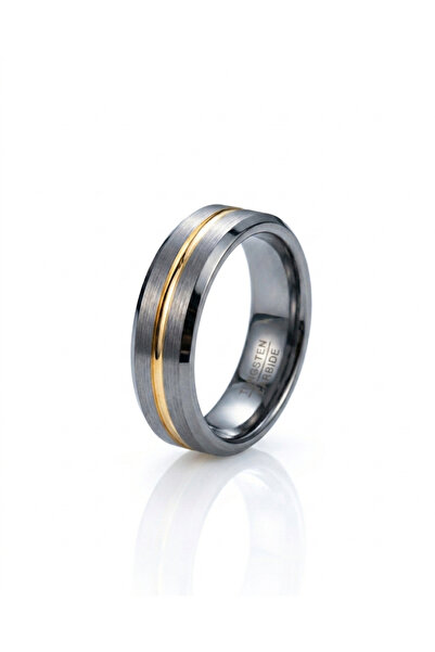 celikchi Erkek Gümüş Renk Gold Çizgi Detay 6 mm Tungsten Yüzük