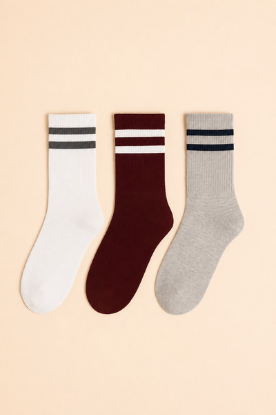 ÇORAPSA 3-Piece Striped Socks – White, Burgundy and Gray
