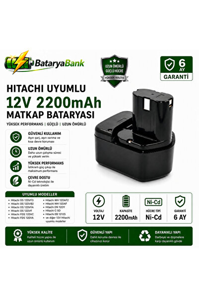 BataryaBank Hitachi Uyumlu 12V 2200mAh Ni-Cd Şarjlı Matkap Bataryası -