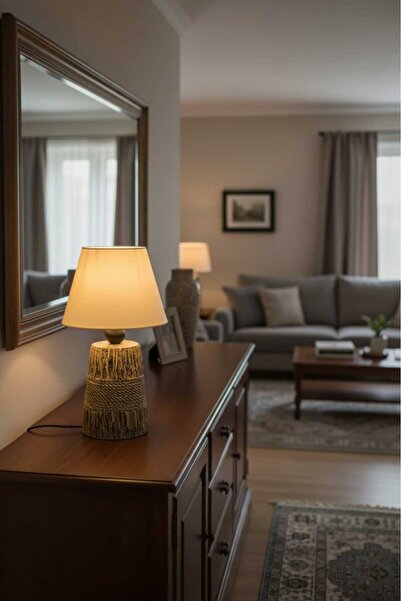 BSA LIGHTING JÜT MODERN BOHEM MASA LAMBASI (TAŞ GÖVDELİ)(KREM KONİK ABAJUR)
