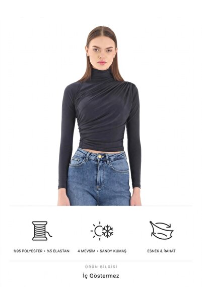 Lily Collection Füme Omzu Drapeli Balıkçı Yaka Sandy Crop Bluz
