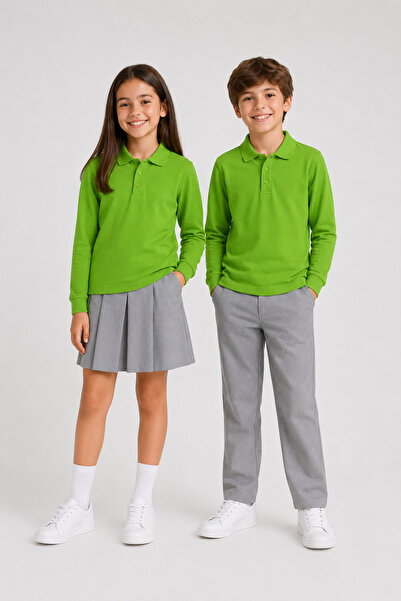 The Clover Girls & Boys Unisex Green 100% Cotton Polo Collar Long Sleeve 2-Pi...