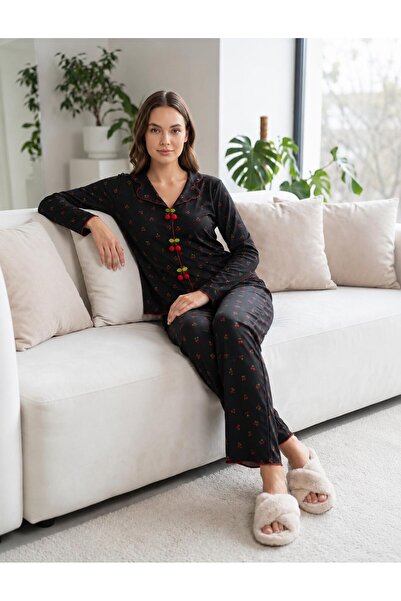 Mia Homewear KADIN SİYAH KİRAZ DESENLİ ÖDEN KİRAZ AKSESAUR DETAYLI KAŞKORSE U...