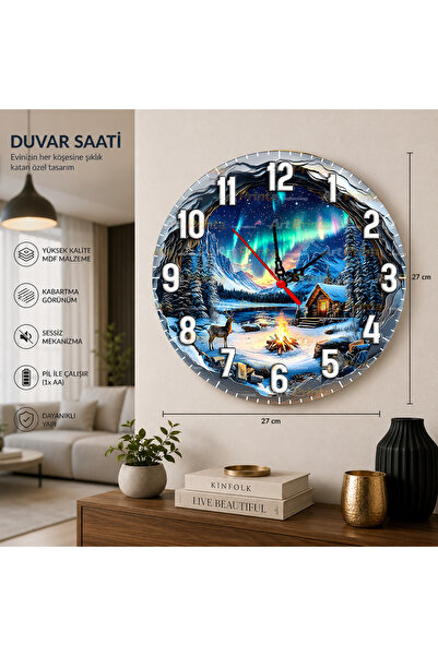 artprinta Kuzey Işıkları ve Kış Manzaralı Dekoratif Duvar Saati