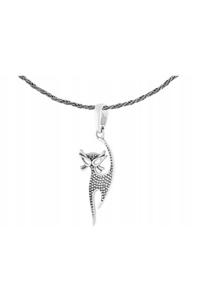 NO BRAND Colier scurt de damă, argintiu, oxidat, cu pisicuță, tip choker, 38 cm