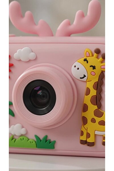 pazariz Çocuk Dijital Kamera Zürafa Temalı Termal Yazıcılı 2.4 İnç Ekran Fotoğraf Video Selfie 3 Oyunlu Anında Baskı Makinesi Print Kamera Çift Kamera, Silikon Kılıf