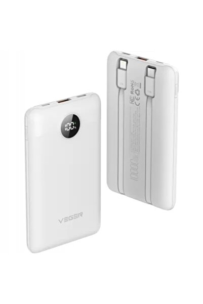 Veger power bank 10.000 mAh cu cabluri integrate Type C / Lightning PD QC3.0