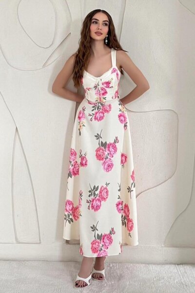 Elbee Fashion Woman Ecru Floral Detailed Belted Vintage Dress