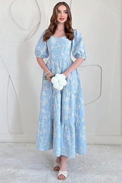 ELBEE Blue balloon sleeve embroidered dress