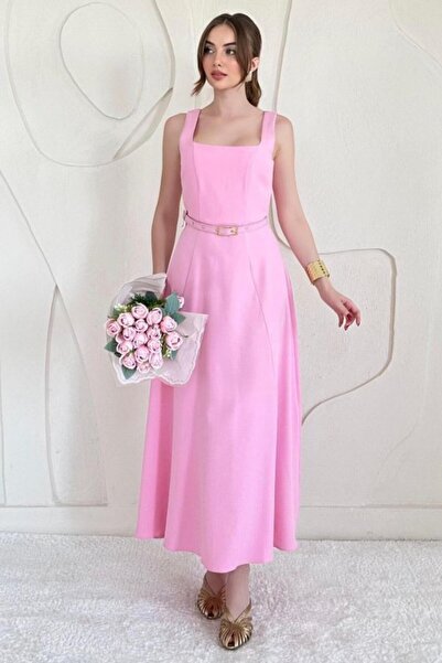 Generic Brand Atlas Fabric Dress with Pink Belt Detail