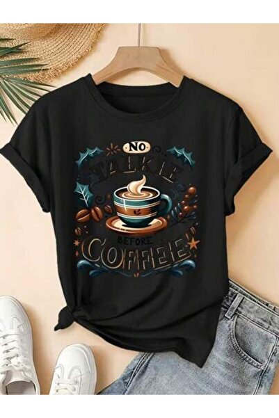 23ERVA 2026 Spring/Summer New Women's Round Neck Coffee Fun Slogan Print Shor...