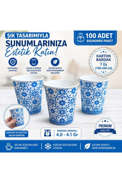 maycup 7 Oz Karton Bardak 100 Adet Mavi Çini Desen
