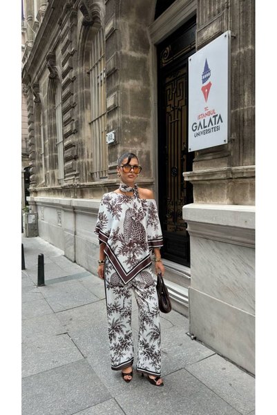 ZF BUTİK Shawl Detailed Patterned Blouse and Pants Set