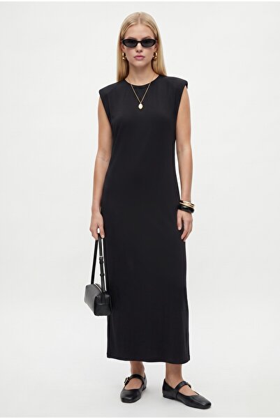 Ritnice Women's Celia Zero Sleeve Midi Black Dress with Padded Shoulders