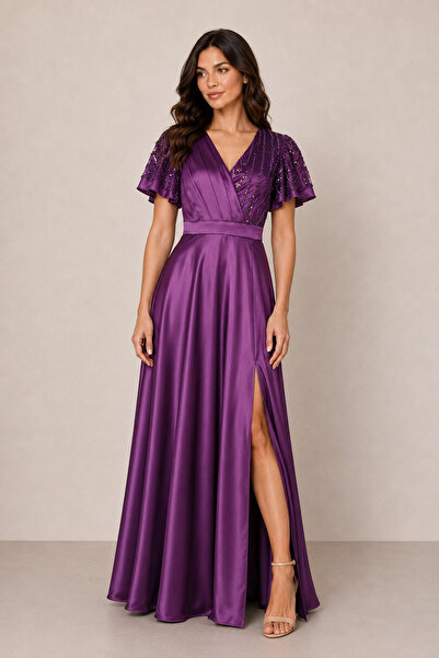 Ella Collection CLARA long dress in taffeta and Lace with loose sleeves