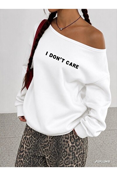FUFLUNS I Don'T Care Printed Oversized Women's Boat Neck Sweatshirt