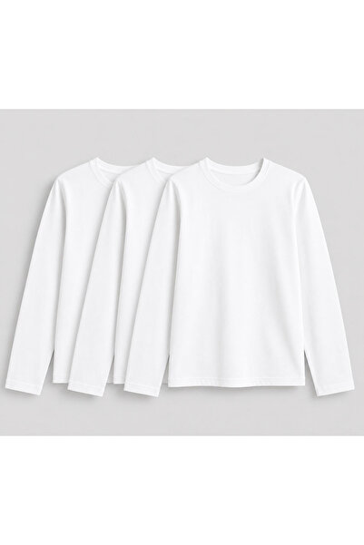 cesita White Crew Neck Cotton 3-Piece Long Sleeve Boys Girls School T-Shirt B...