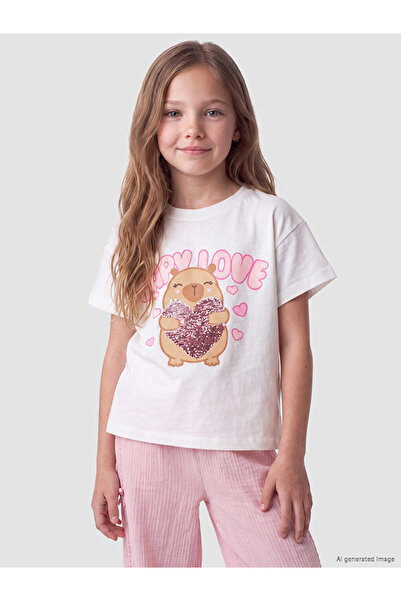 LC Waikiki Rmz Gi̇yi̇m Farkiyla Zero Roba Collar Sequined Girls' T-Shirt