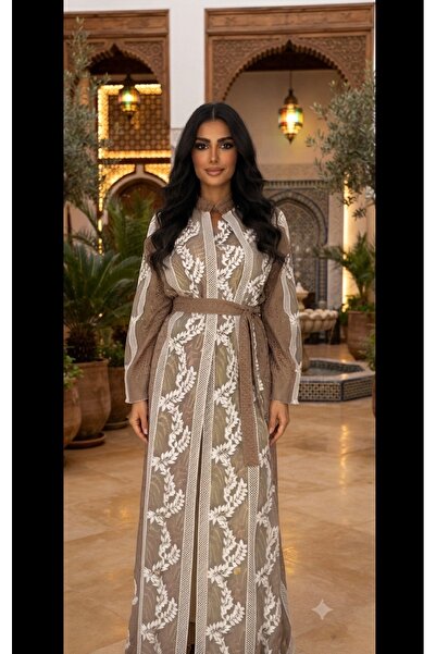 Godiva MARRAKECH KAFTAN – Taupe Maxi Kaftan with White Leaf Embroidery – One ...