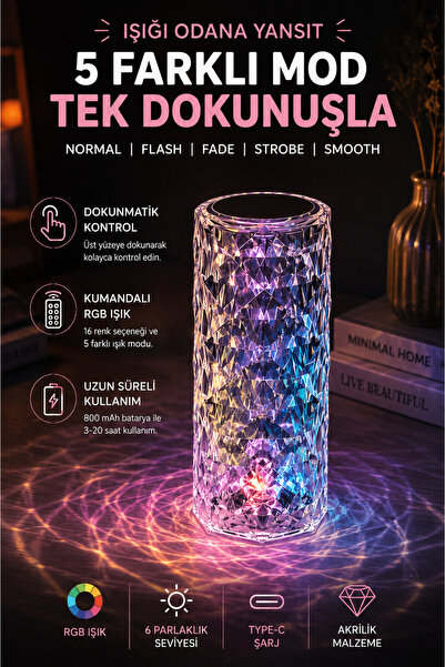 BENT Kristal RGB LED Gece Lambası Şarjlı Kumandalı Dokunmatik 16 Renk 5 Işık ...