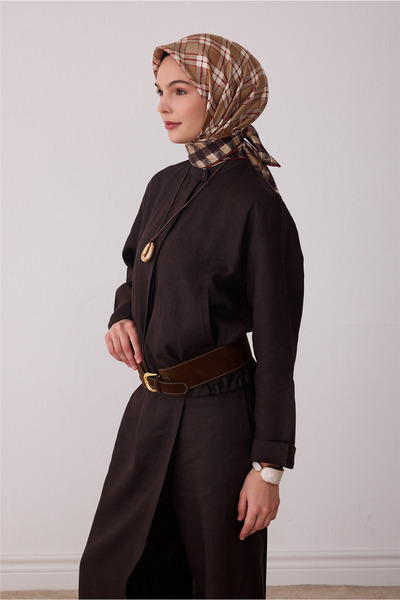 Belli Bej Geometrik Desen %100 Twill İpek Eşarp 4421-03