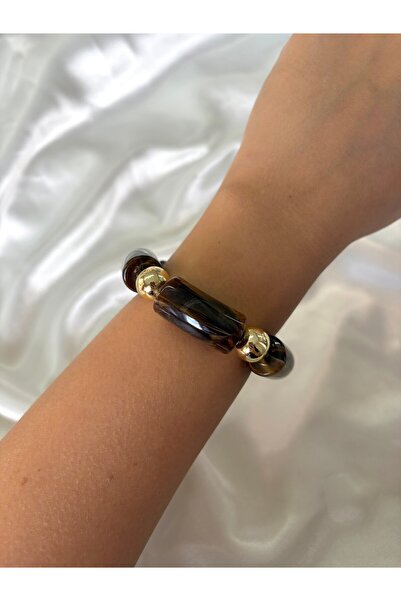 Eylülün Takısı Women's Gold Detailed Marble Patterned Bitter Brown Elastic Br...