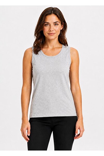 AXXEL Kadın Açık Gri Melanj Likralı Süprem Bisiklet Yaka Kolsuz T-shirt-D2277