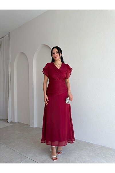 Mooi Butik WHİTNEY Maxi Elbise 6571 - Bordo