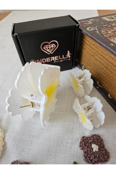 Cinderella Set of 3 Pearlescent White Japanese Rose Hibiscus Flower Hairpin Buckle Set - Stylish Hawaiian Beach Hair Clip