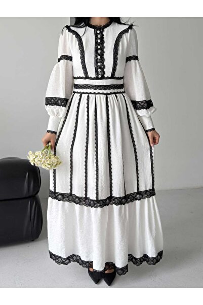 NEW JOURNAL Women's White Pera Linen Scallop Lace Detailed Balloon Sleeve Max...