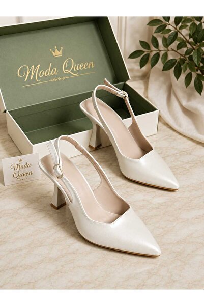 NewQueens Women's High-Heeled Shoes with Open Back and Buckle Detail. White P...