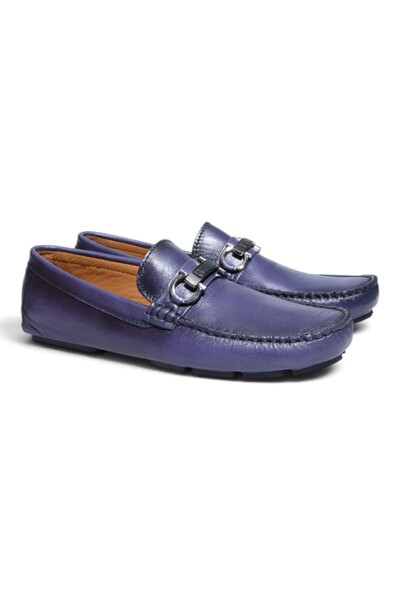 FRANCO CALVANI Dark Blue Leather Dark Blue Color Laceless Genuine Leather Men...