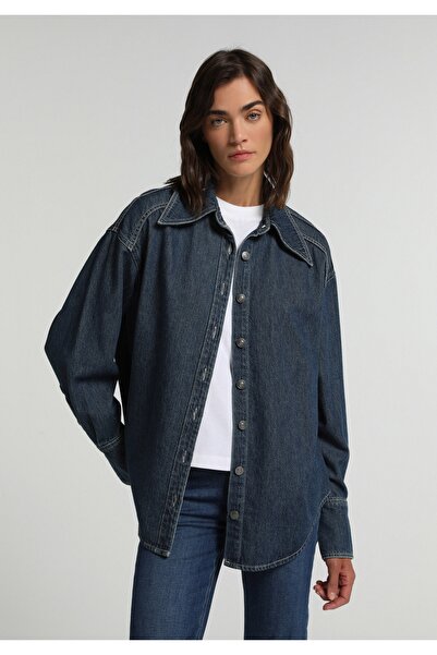 Colin's Oversized Fit Classic Collar Plain Women's Mid Indigo D Denim Long Sl...